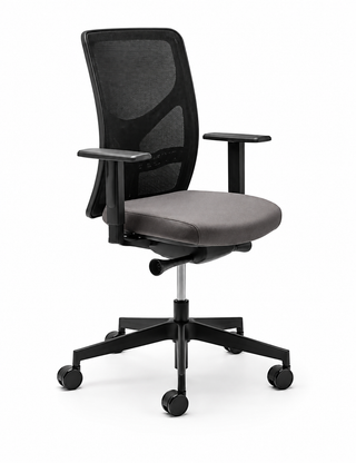 Ergonomische bureaustoel Efficiënt Classic met zwarte netrug en grijze zitting, vooraanzicht